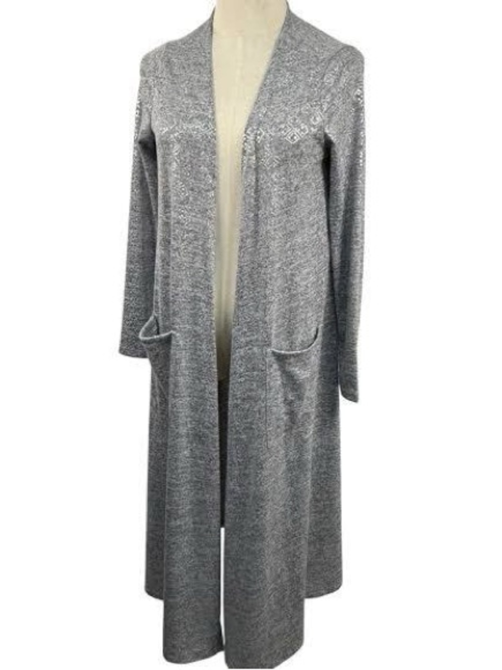 LuLaRoe Sarah Duster Cardigan Gray/Silver Foil Geometric Metallic Shimmer, NWT